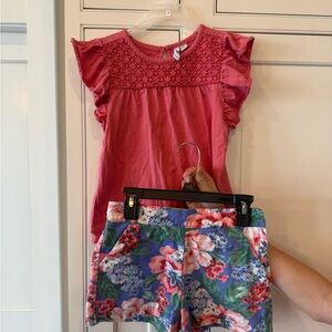 Pink Ruffle Sleeve Top W/ Marching Floral Shorts